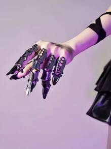 Conjunto de anéis de dedos mecânicos estilo punk gótico e luvas pretas com garras, 1/2/3/4/5 peças, vintage, retrô, ajustável, metal, juntas, anéis decorativos, Halloween