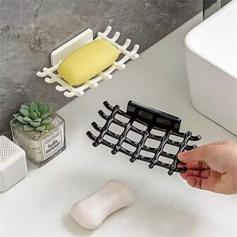 1/2 件壁挂式格子皂盒 - 方形，无需钻孔，多功能浴室和淋浴收纳盒，带排水功能，塑料材质，现代简约风格，适用于时尚浴室，皂液器，时尚浴室装饰，灰度设计，浴室收纳，返校季