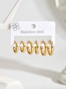 Set de 6 piezas Pendientes de aro elegantes de circonita, de acero inoxidable, adecuados para uso diario