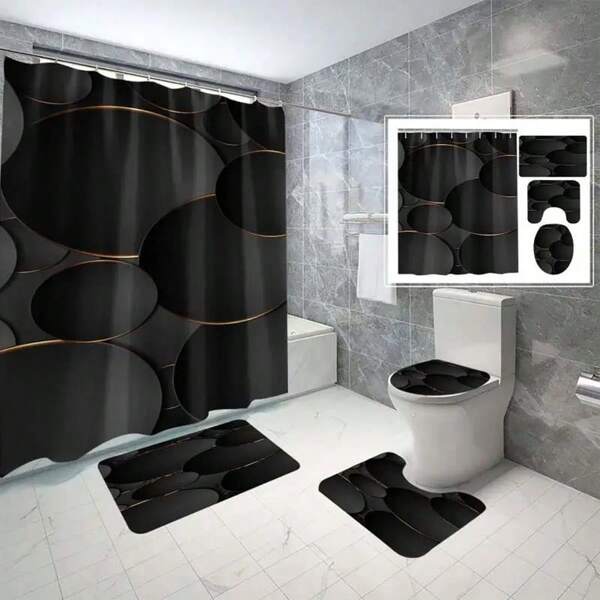 4 Pieces Black & Gold Geometric Pattern Bathroom Set, Waterproof Polyester Shower Curtain And Rug, Floral Cartoon Theme, Suitable For All Holidays, All Season, Hand Wash Only, Includes 12 Plastic Hooks Home Bathroom Decor Summer