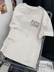 Japanese Style Spring/Summer Round Neck Loose Casual Cute Cartoon Dog Double-Sided Print Short Sleeve T-Shirt - Light Grey - View 6