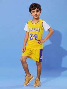 2pcs Kids Basketball Jersey Set - #24, Customizable Name, Boys Basketball Uniform, Personalized Sports Tee And Shorts, Summer Children Activewear, Training & Daily Casual Wear, Multi-Functional, Ornamental, Letter, Stylish, Modern, Colorful, Cute, Adorable, Casual, Custom, Personalized, Unique, Customized, Ideal Gifts For Him, Ideal Gifts For Her - Yellow - View 7