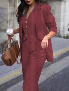 女士休闲通勤条纹夹克、裤子、背心三件套西装套装，春夏