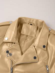 Risissida Women's Fall/Winter Street Wear Faux Leather Cropped Biker Jacket - Asymmetric Zip, Adjustable Belt For Edgy Urban Street Commuting Spring White - Gold - View 8