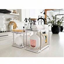 1pc Organizador de armazenamento de dois andares para cozinha, suporte para cosméticos transparente PET, caixa de armazenamento de gaveta de mesa multicamadas, adequado para penteadeira de banheiro, organizador de despensa de cozinha empilhável, organizador de armário de remédios com divisória deslizante