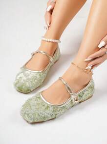 Women's Flat Shoes, 2025 Summer New Square Toe Open-Toe Velvet Lace Rose Foot Strap Hook & Loop Flat Shoes, Green Loafers, Mary Janes, Ballet Flats, Suitable For Everyday Wear With Dresses, Fashion Flats, Plus Size