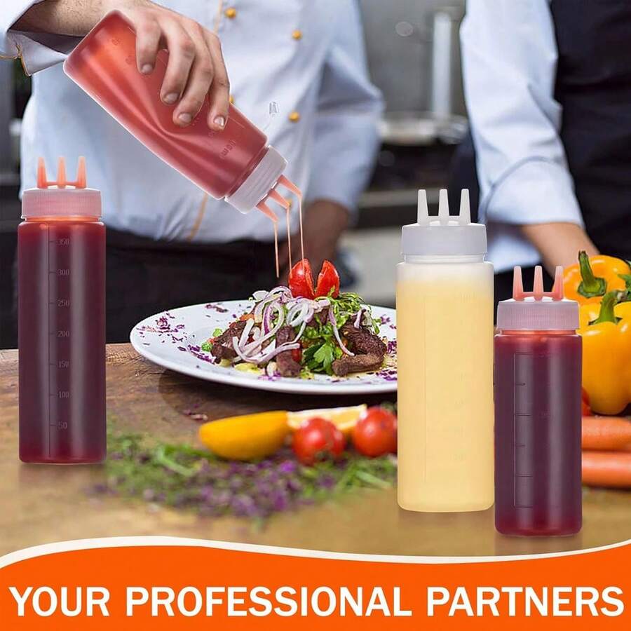 1/2/3pcs Multi-Purpose Kitchen Squeeze Bottles, 3-Hole Design With Measurement Markings - Durable PE Material, Great For Sauces, Condiments And Baking - Includes White, Red And Amber Nozzles, Condiment Dispenser | Modern Kitchenware | Semi-Transparent Material, Soy Sauce Squeeze Bottle Kitchen Essentials