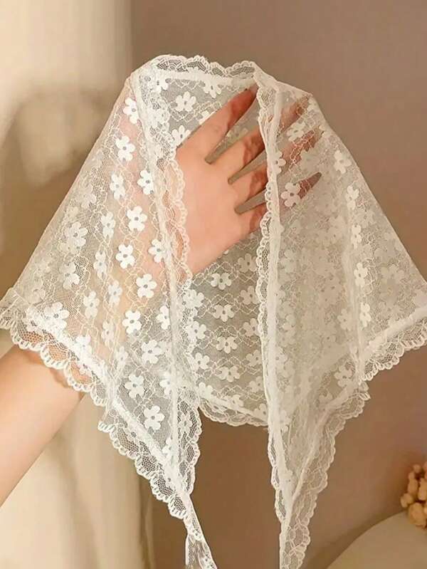1pc French Lace Headband, Vintage Countryside Style Sweet White Hair Accessories, Polyester Retro Vacation Scarf Suitable For Outdoor Decoration Head Bandana