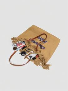 1 pieza Bolsa de lona con borlas de gran capacidad, de estilo casual y moda, bolso de hombro minimalista para ir al trabajo y de compras, adecuado para la calle, viajes y la playa