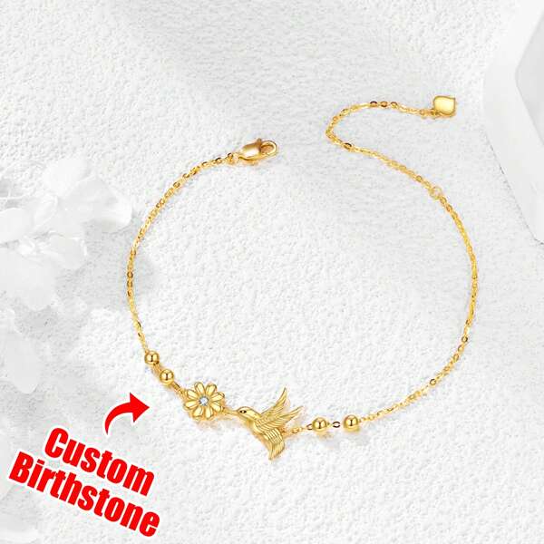 Exklusives Damen Armband mit Kolibri, Gänseblümchen und personalisierbarem Geburtsstein. Ein funkelndes Geburtstagsgeschenk für sie, Freundin, Mutter, Großmutter, Familie, Freunde - die perfekte Wahl für Muttertag, Valentinstag, Jahrestage, Abschlusszeit, Alltagstragen, Hochzeiten, Proms oder jeden besonderen Anlass.