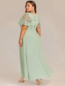 Plus Elegant Round Neck Floral Sequin Embroidery Formal Dresses Sage Green Bridesmaid Dresses Fall Wedding Guest Dresses - Mint Green - View 3