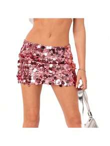 Sequin Skirt For Women Stretchy Bodycon Mini Skirts Sexy Sparkly Skirt Glitter Shiny Skirt Night Out Party - 粉色 - 查看 1