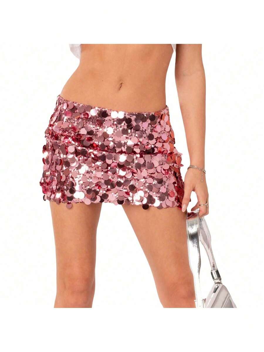 Sequin Skirt For Women Stretchy Bodycon Mini Skirts Sexy Sparkly Skirt Glitter Shiny Skirt Night Out Party - 粉色 - 查看 1