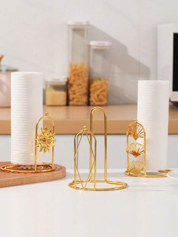 1pc Gold Metal Ginkgo Leaf/Flower/Diamond Tissue Box Holder - Minimalist Design, For Paper Towel Roll Storage, No Drill Needed Installation, Space Saving, Home Decor For Bathroom, Kitchen, Living Room, Bedroom