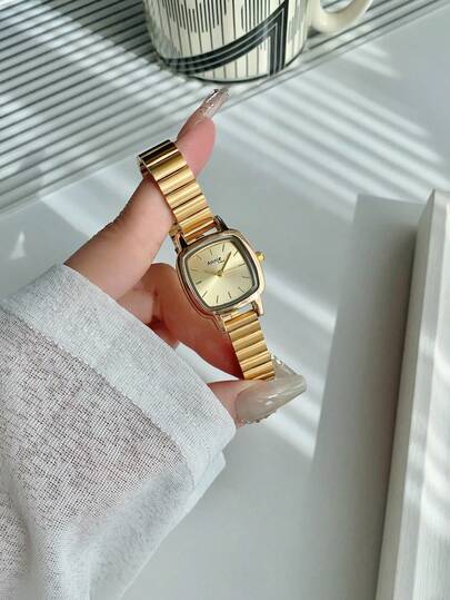 1 件女士金色银色优雅简约石英手表，不锈钢表带，方形绿色/金色表盘手表，适合日常生活夏季配饰女士金表