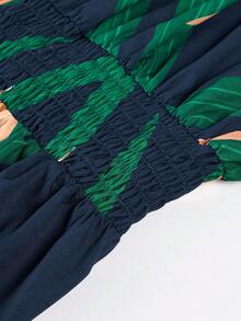 BIUBIU 大码女式热带植物印花 V 领蝙蝠袖短袖连衣裙（随机花卉图案） - 墨綠色 - 查看 7