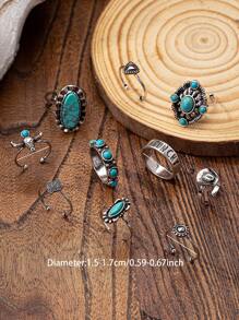 Set de 10 anillos apilados con decoración de piedra de turquesa estilo occidental como regalo de cumpleaños para mujer