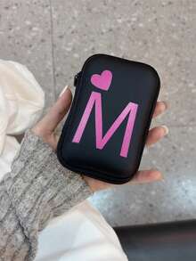 1 pieza Bolsa de almacenamiento de cable de datos con cremallera negra, bolsa organizadora con estampado UV de 26 letras mayúsculas de corazón en los patrones A/B/C/D/E/F/G/H/Y/J/K/L/M/N/O/P/Q/R/S/T/U/V/W/S/Y/Z para cables, cargadores, auriculares - Multicolor - Ver 5