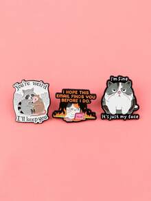 3Pcs Cute Fat Cat Enamel Pin Funny Quotes Brooch Pines Lapel Pins Badge On Backpack Clothing Accessories Animal Jewelry Friends Gifts - Multicolor - View 2