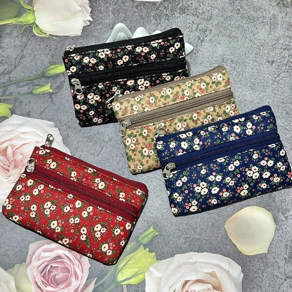 1pc/4pcs/6pcs Countryside Ditsy Floral Double Layer Double Zipper Mini Coin Purse, Multi-Function Small Wallet Coin Bag, Creative Unique Party Small Gift