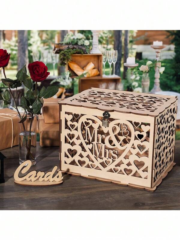 1 pieza Caja de dinero de boda de madera con logotipo, diseño simple de gran tamaño DIY Caja para tarjetas de regalo con ranura para candado, adecuada para recepción, aniversario, graduación, fiesta de cumpleaños