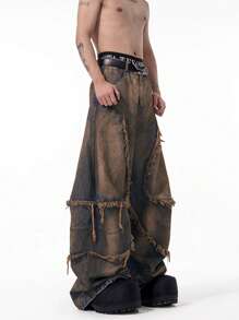 1pc American Retro Hip Hop Distressed Patchwork Frayed Hem Loose Casual Straight Leg Jeans, High Street Style Men's Cargo Pants