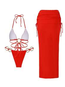 Bộ bikini 3 mảnh màu đỏ quyến rũ, sang trọng, mới về mùa Xuân/Hè, thích hợp cho bãi biển, kỳ nghỉ, tiệc tùng. - Đỏ - Xem 4