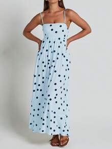 Womens Summer Spaghetti Straps Long Dress Backless Sleeveless Casual Flowy Cut-Out Party Beach Dress Sundress - Blue - View 2