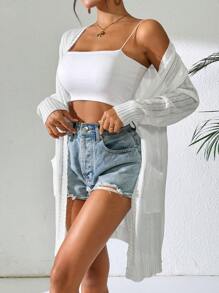 Women's Lightweight Solid Color Long Sleeve Dual Pocket Open Front Casual Long Cover Up, Spring/Summer