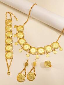 Bộ 5 món trang sức bằng đồng xu vàng họa tiết cổ điển Bộ trang sức bằng đồng Ả Rập Trung Đông Thích hợp làm quà tặng cho các bé gái, quý cô, cho các lễ hội hoặc buổi tụ họp - Vàng - Xem 1