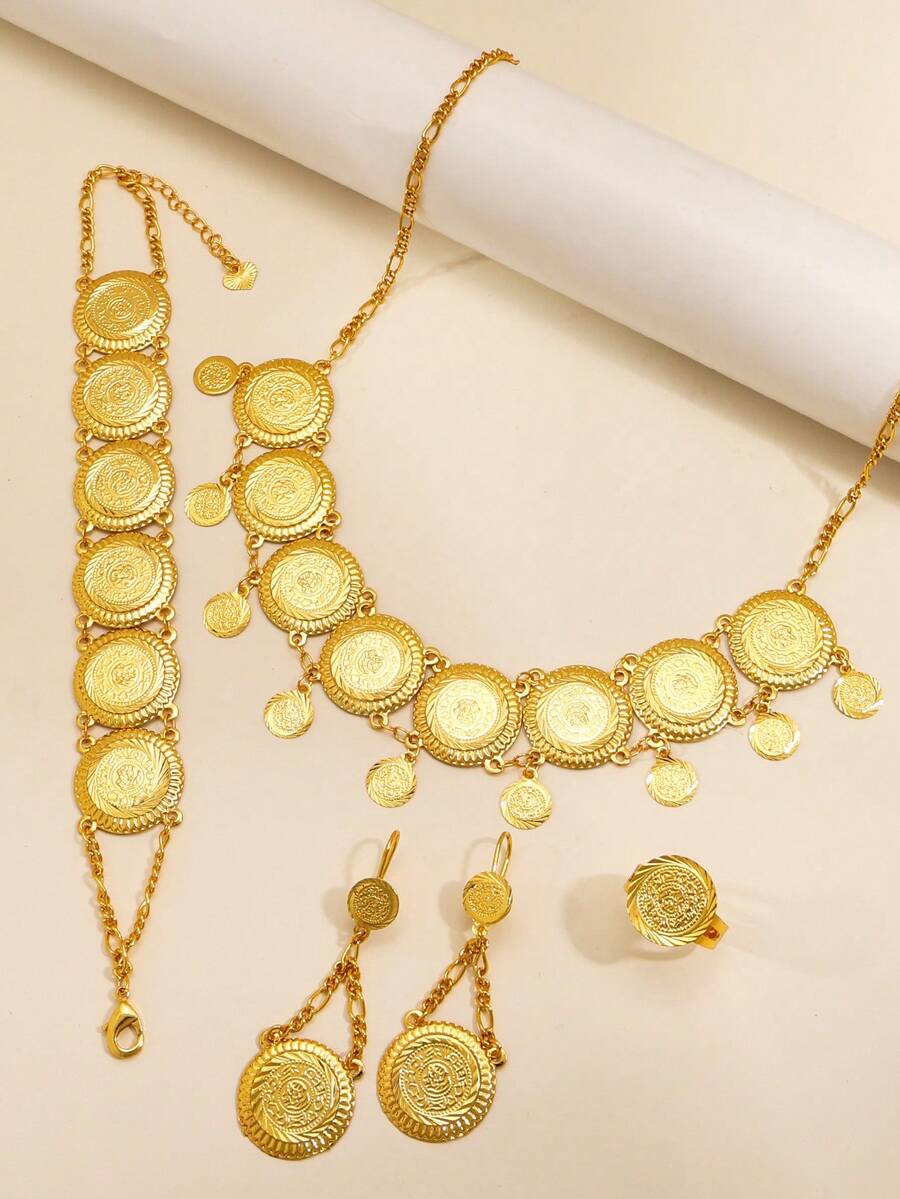 Bộ 5 món trang sức bằng đồng xu vàng họa tiết cổ điển Bộ trang sức bằng đồng Ả Rập Trung Đông Thích hợp làm quà tặng cho các bé gái, quý cô, cho các lễ hội hoặc buổi tụ họp - Vàng - Xem 1
