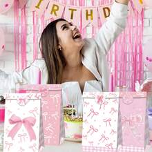 粉色 12 个装纸质派对礼品袋 - 生日单身新娘订婚派对装饰带贴纸，无需电力（额外 4/8/12 个蝴蝶结手提包可供选择）