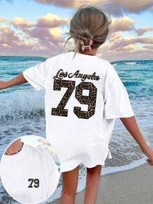 1 pieza Camiseta de manga corta y cuello redondo informal con estampado para niña, de estilo artístico digital y estampado de leopardo inspirador que fomenta la imaginación y la autoexpresión, ropa de verano para estudiantes jóvenes