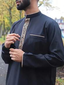 1 件男士休闲长袖经典简约纯黑色涤纶面料圆领长袍