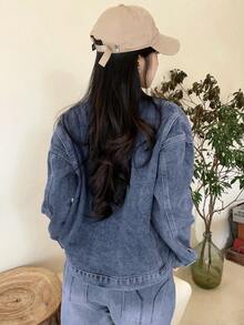 Women's Blue Collar Long Sleeve Loose Casual Denim Jacket And Coat, Autumn/Winter - Dark Wash - View 5