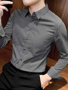 印花男士长袖衬衫，户外黑色格子衬衫，时尚衬衫外套，欧美风格，夏季 - 黑色 - 查看 2