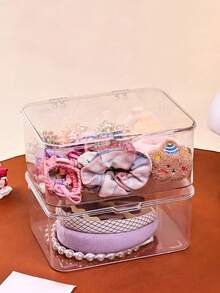 1pc/2pcs Jewelry Storage Box, Flip-Top Transparent Dust-Proof Box Suitable For Hair Clips, Headbands, Elastic Bands Desktop Organizer, Stackable Storage Box For Drawers, Vanity, Bathroom Girlfriend Gifts - Clear - View 4