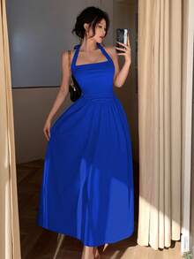 红色性感露背 A 字中长款优雅宴会礼服，腰部设计，适合婚礼约会礼服晚会节日辣妹年轻热款春夏新款女装 - 寶藍色 - 查看 4
