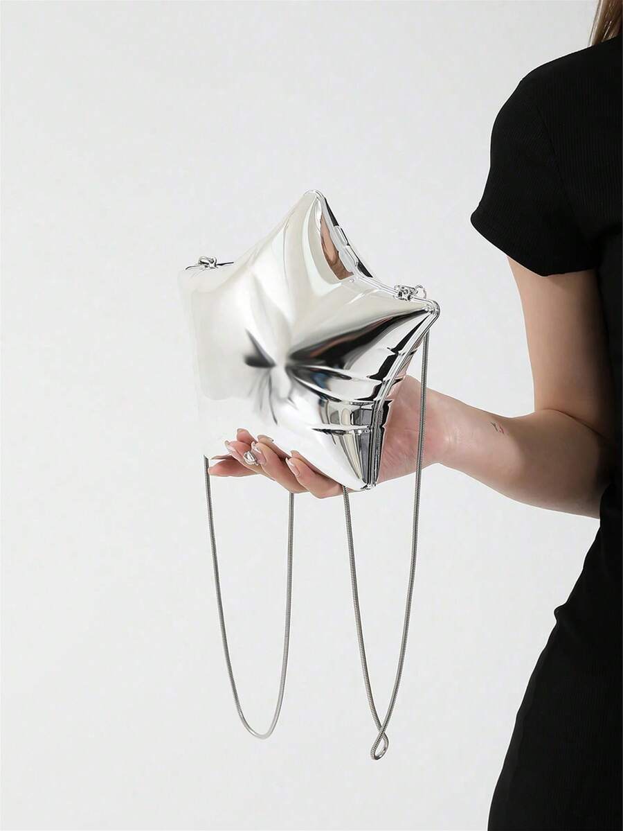 1pc New Personality Fashionable Star Shaped Shoulder Bag With Chain, Expanding Star Shape Box Clutch, Hard Shell Adornments Bag, Fun Holiday Music Festival Star Bag With Shiny Silver Surface For Ladies - Bạc - Xem 1