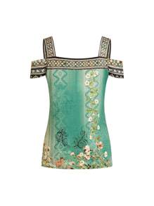 Abbigliamento estivo da donna, indumenti da vacanza, maglietta grafica con spalle scoperte, blusa elegante per uso all'aperto