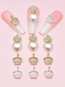 10 件合金皇冠美甲配件金银立体镂空金属镶嵌玻璃钻石和心形珍珠指甲装饰平背方便 DIY 制作美甲用品指甲美甲饰品美甲宝石 - 彩色 - 查看 2