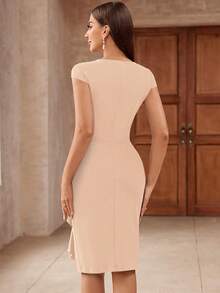 MIUSOL Elegant Solid Sweetheart Neck Ruffle Trim Cocktail Party Fitted Dress - Champagne - View 2