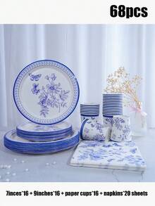 12/24/68件套，一次性餐具，蓝白餐具，蝴蝶主题一次性纸盘，7英寸纸盘，9英寸纸盘，薄纸，纸杯，纸盘，食物托盘，派对托盘 - 彩色 - 查看 13