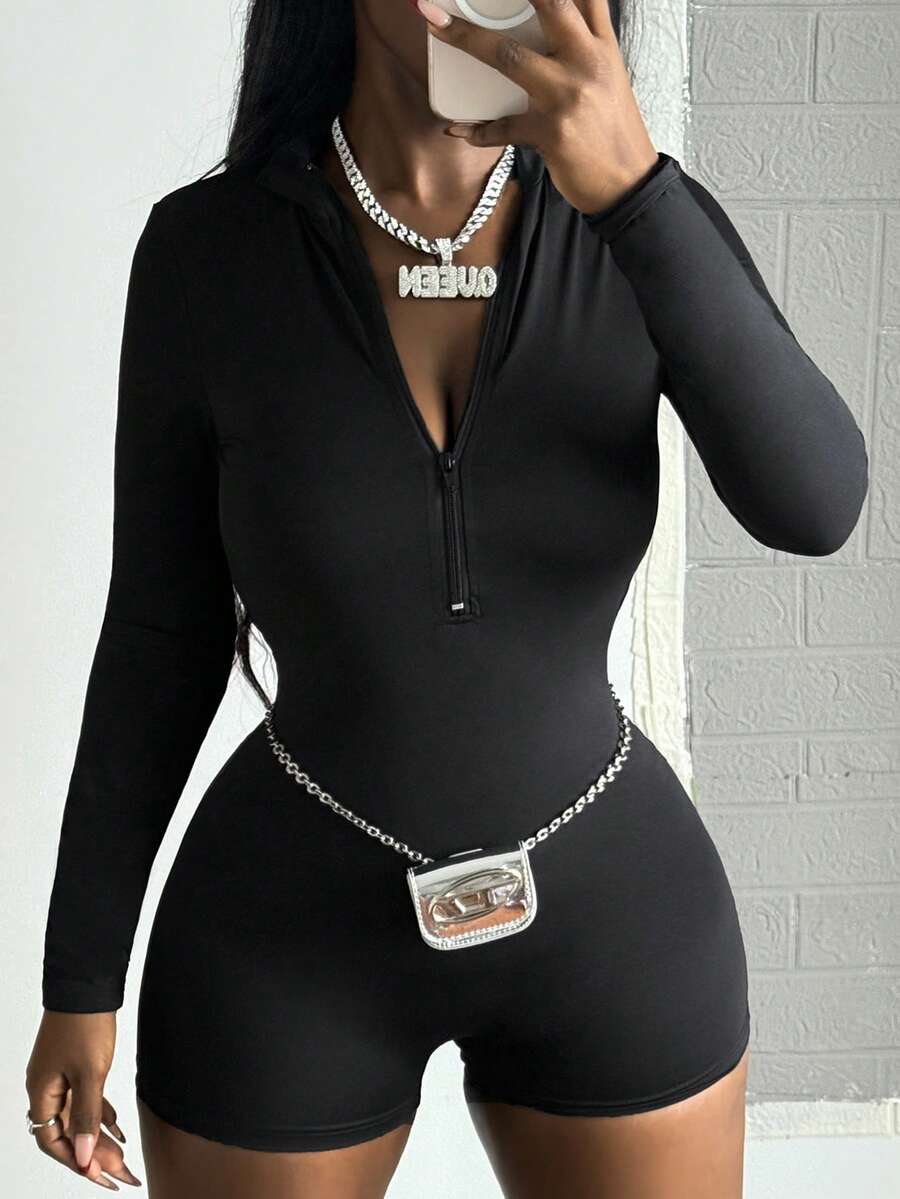 LovelyWholesale Women'S Casual Lapel Long Sleeved Zipper Solid Color Basic Romper For Spring And Summer - Black - View 1