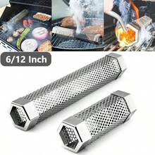 Ahumador de acero inoxidable para barbacoa, tubo de parrilla, filtro de malla perforada, gadget, generador de ahumado de pellets, caja hexagonal para especias ahumadas - Plateado - Ver 2
