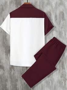 Bộ 2 món áo sơ mi sọc dọc tay ngắn màu khối nhẹ mùa hè cho nam, quần dài màu trơn, trang phục đi làm thường ngày với thiết kế thời trang và phong cách tươi mới, trang phục ấm áp - Màu Đỏ Sâu - Xem 3