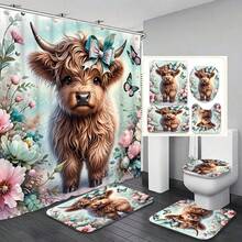 1/4pcs Flower & Cow Pattern Shower Curtain Set, Mother's Day Gift For Mothers, Home Spiritual Home Decor, Spring/Fall Decor, Holiday Decoration, Premium Bathroom Home Accessory, Waterproof, Machine Washable, 12 Hooks Included, Essential Bathroom Decor, Bathtub Divider And Easy To Clean Design For A Refreshing Bathroom Experience Bathroom Accessories Back To School - Multicolor - View 12