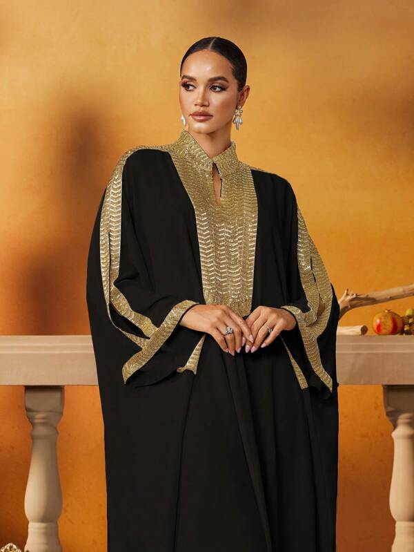 AmazingHoney Elegant Black Abaya With Gold Beads Embellished Trim, Luxurious Long Modest Dress For Women, Arabic Dresses (Oversized Fit– Please Check Size Chart), Kaftan