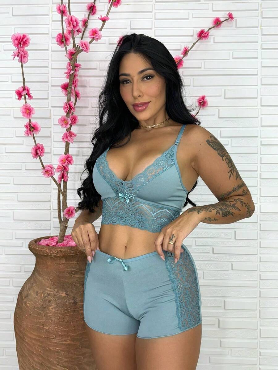 Women's Babydoll Mila With Lace Details Night Line Short Pajamas Sleepwear - màu xanh lá - Xem 1