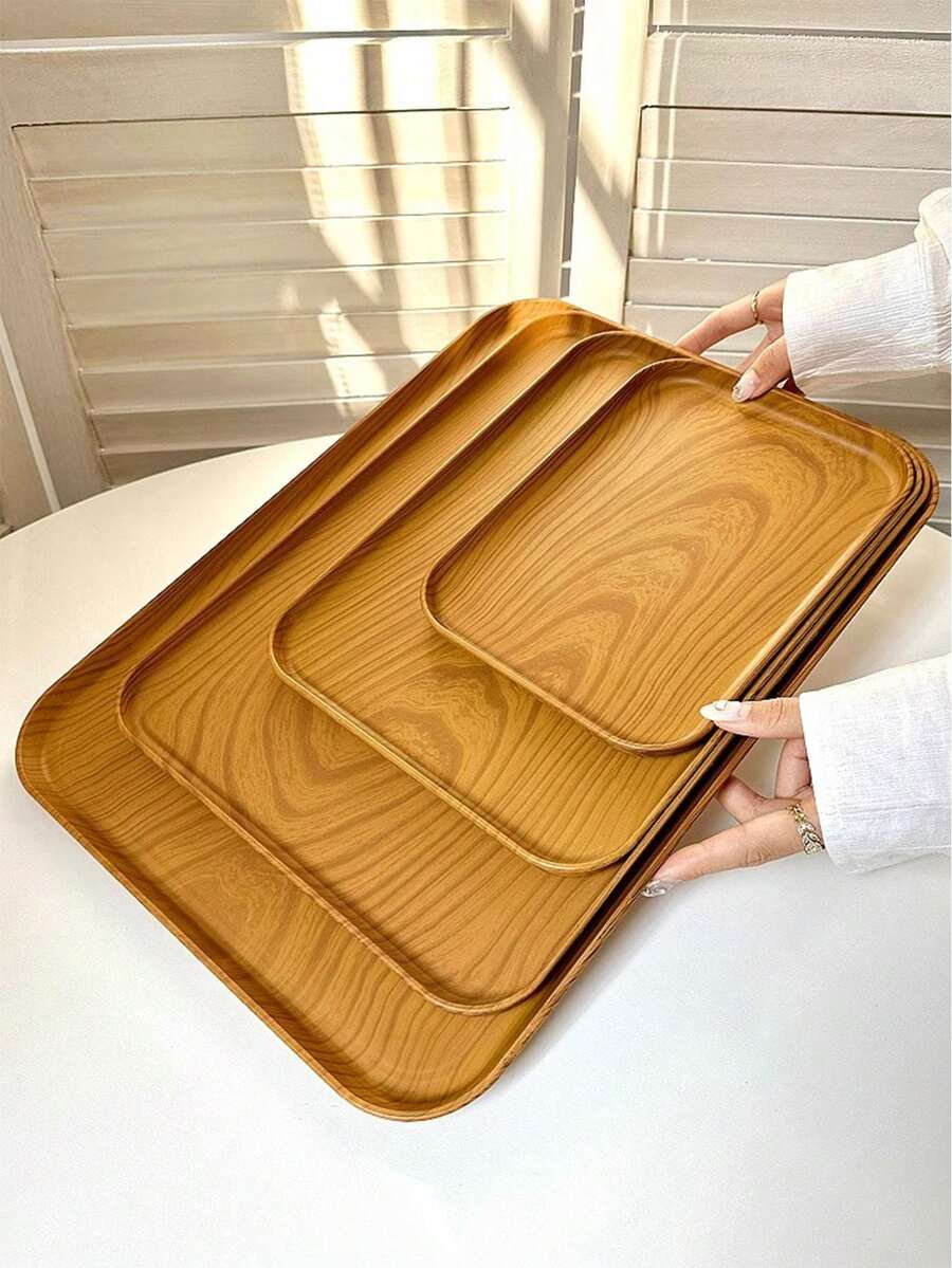 1 pièce Plateau style Ins effet bois, plateau de service rectangulaire en matière plastique, plateau à desserts pour café, plat de rangement, assiette à gâteau et collation